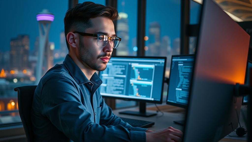 Digital marketer using SEO techniques for keyword research with advanced tools in modern office