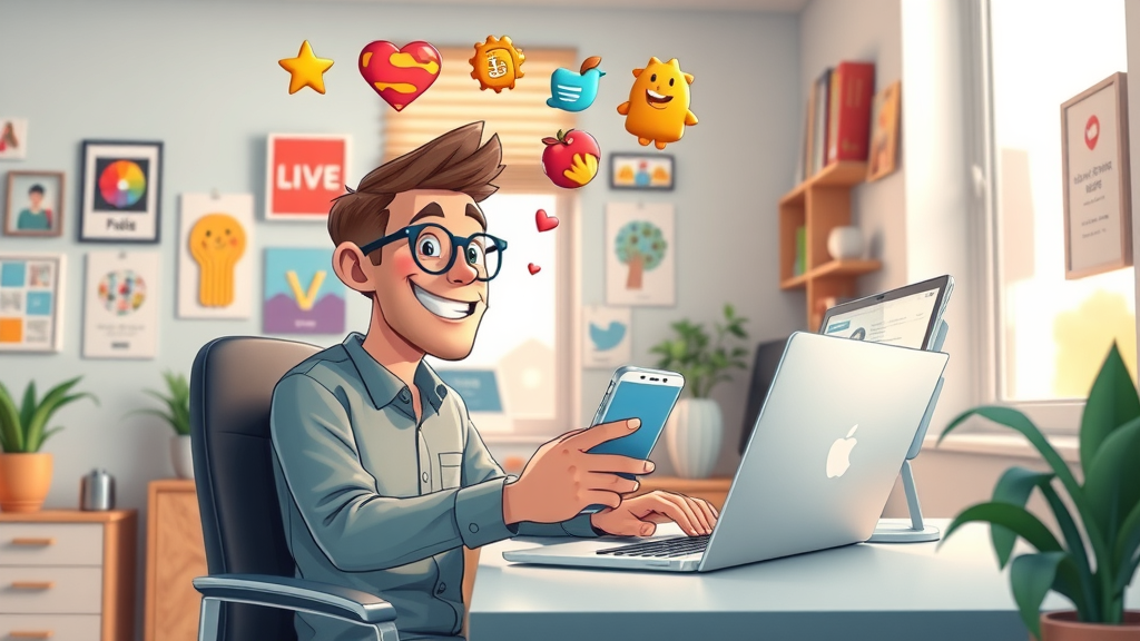 Creative digital marketer using laptop for social storytelling, surrounded by vibrant, animated brand logos and elements.