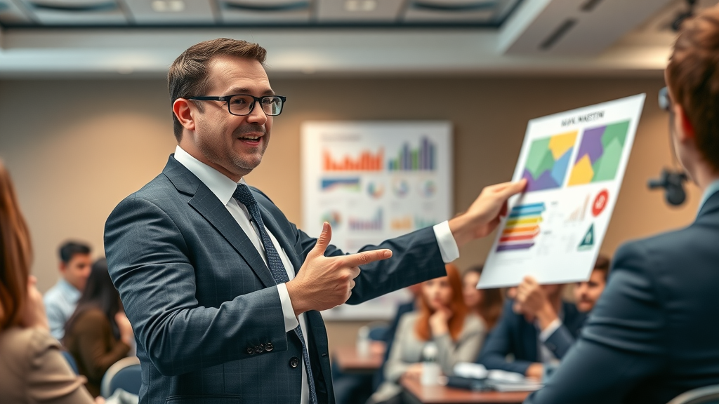 Marketing expert leading a seminar on digital marketing strategies, engaging with professional audience and analytics charts.