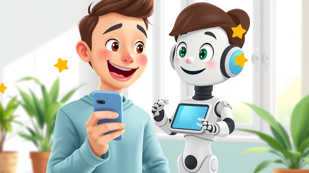 happy customer engaging with a friendly marketing chatbot on a smartphone, positive customer experience in digital marketing