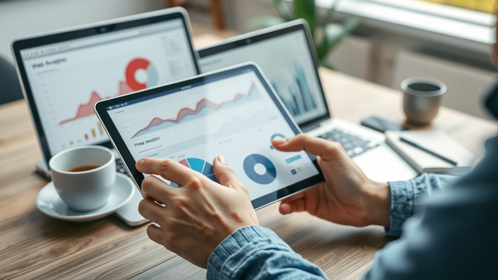 comparing video marketing analytics software - hands interact with video analytics charts on tablet and laptop in bright coworking space