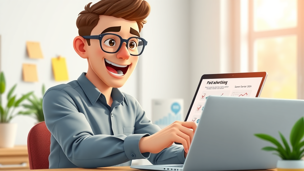 young entrepreneur follows paid ads tutorial on laptop with digital checklist for campaign setup