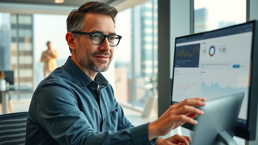 confident marketing manager comparing campaign management software dashboards side by side