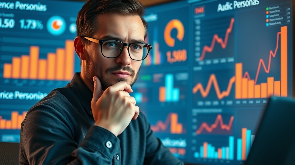 digital content creation marketer reviewing audience personas data charts digital dashboard