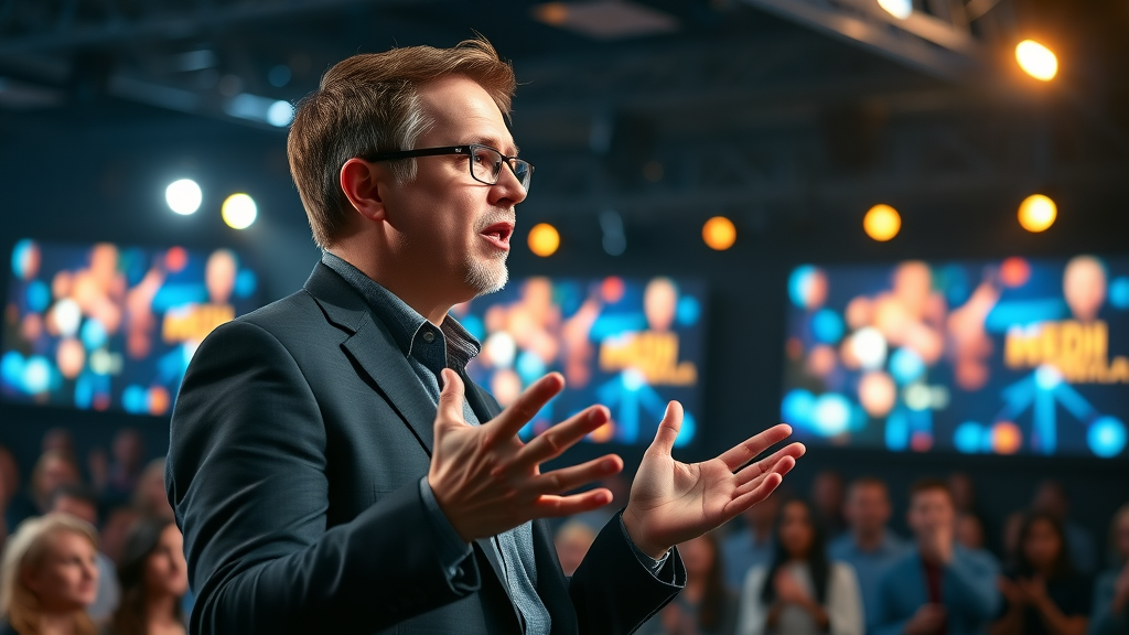 Inspired social media strategist at conference, sharing expert insights on viral social media content, media marketing wisdom, content idea success