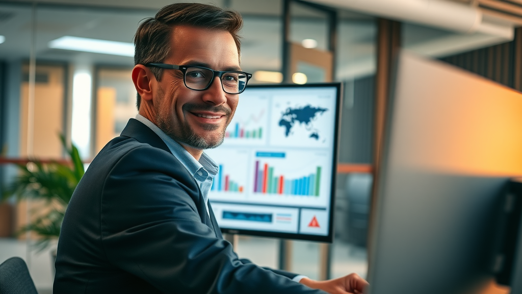 marketing executive reviewing KPI dashboard for social media analytics on computer