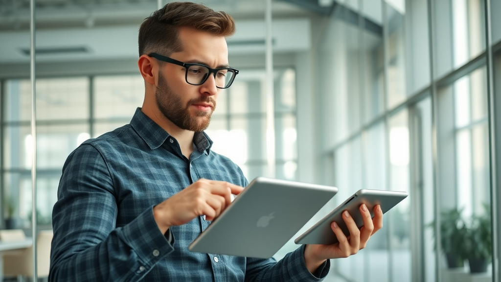 marketing manager implementing analytics step-by-step with digital tablets in an office