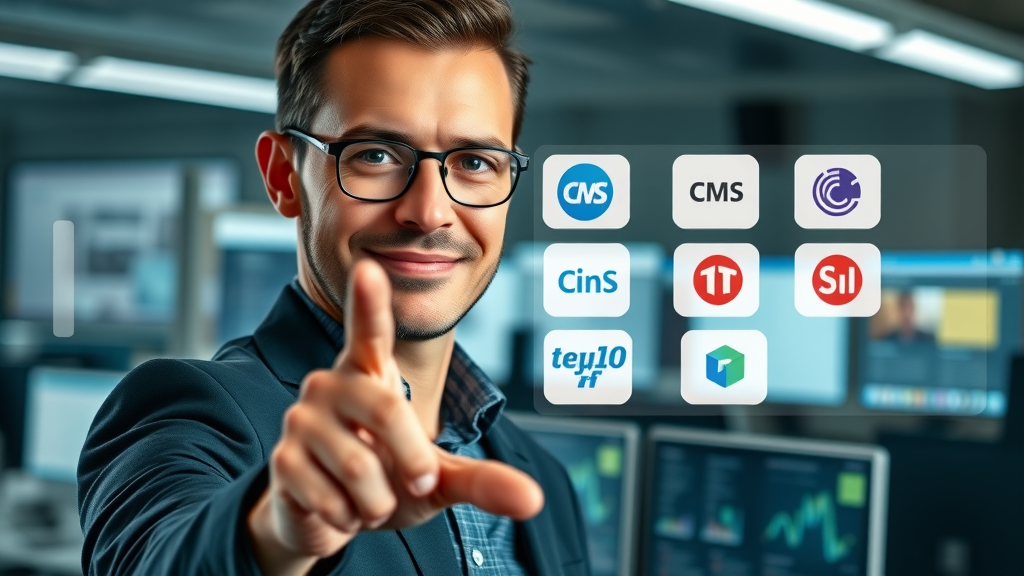 Digital workspace showing multiple CMS platform logos like WordPress, Joomla, Drupal, Shopify, Wix with a hand gesture for selection. Representation of cms platform and popular cms comparison.