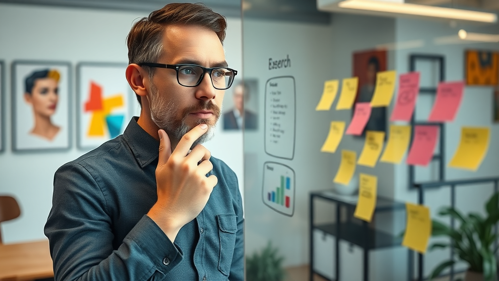 An experienced marketing strategist develops a research strategy using diagrams and post-its to guide market research.