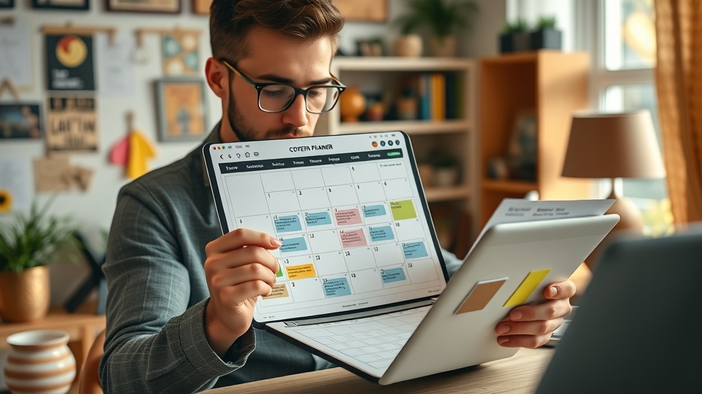 planner arranging social media advertising content calendar