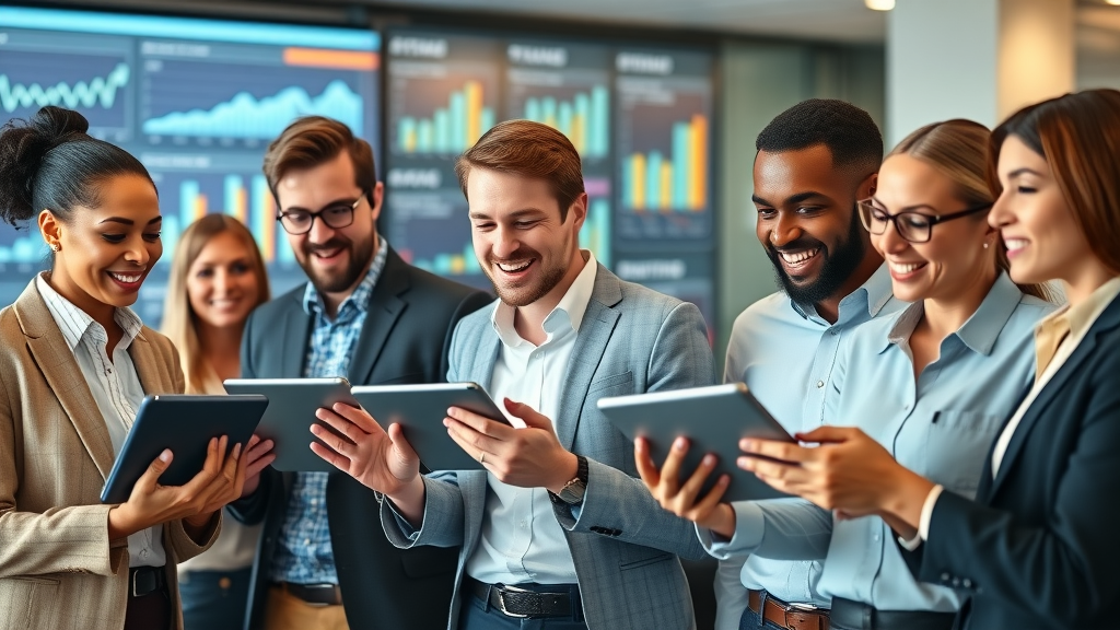 social media advertising professionals reviewing data in modern office