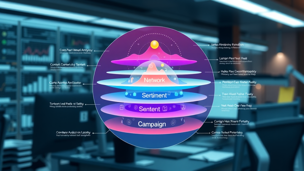 seven layers of social media analytics infographic, colorful digital visualization