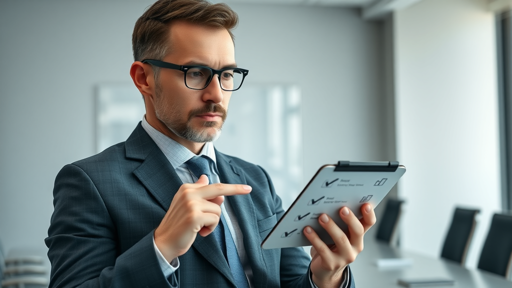 Business consultant comparing marketing automation features on digital tablet with checklist