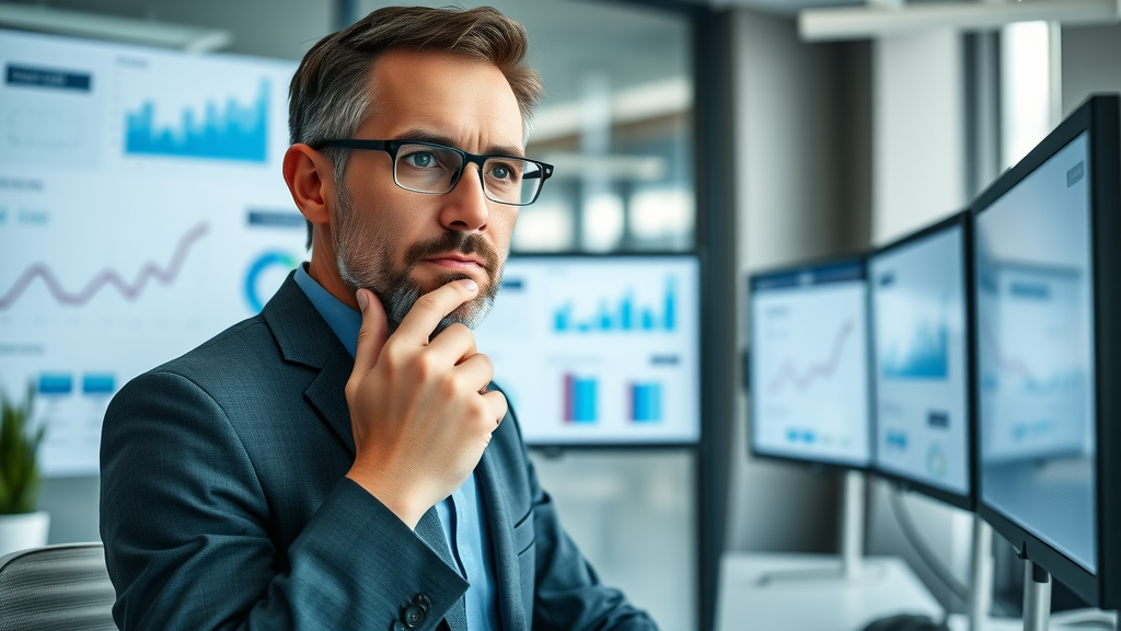 Insightful marketing strategist analyzing video marketing campaign results, modern office with marketing dashboards and charts