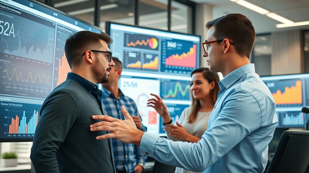 Marketing team analyzing video marketing tools and analytics data in a modern office — video marketing tools, marketing team, analytics