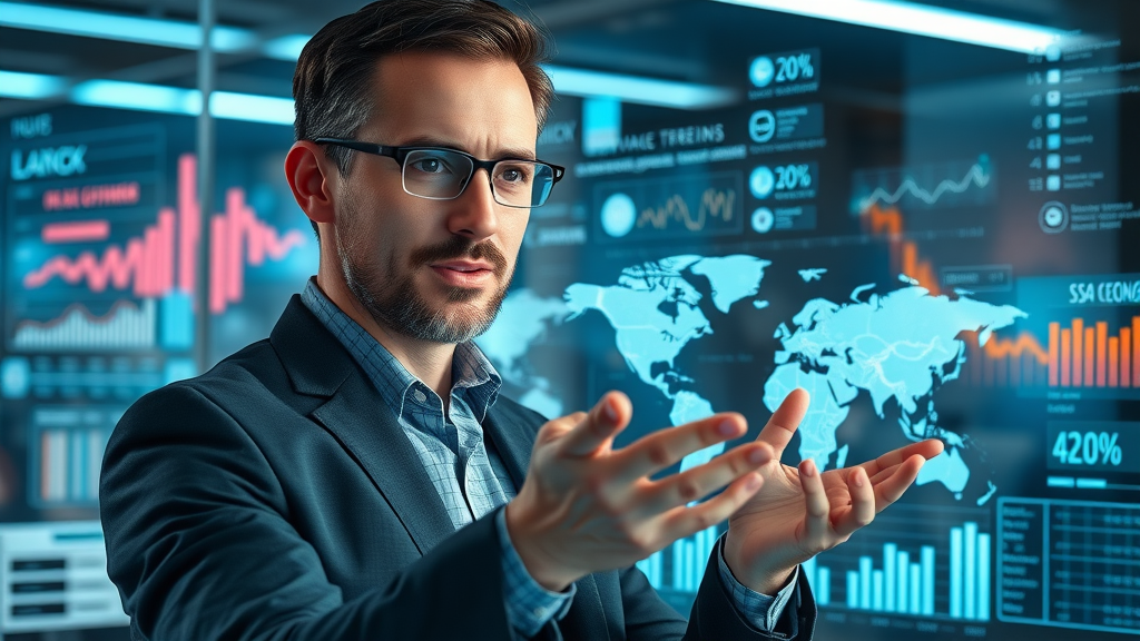 marketing automation software future trends, manager using predictive analytics on AR screens