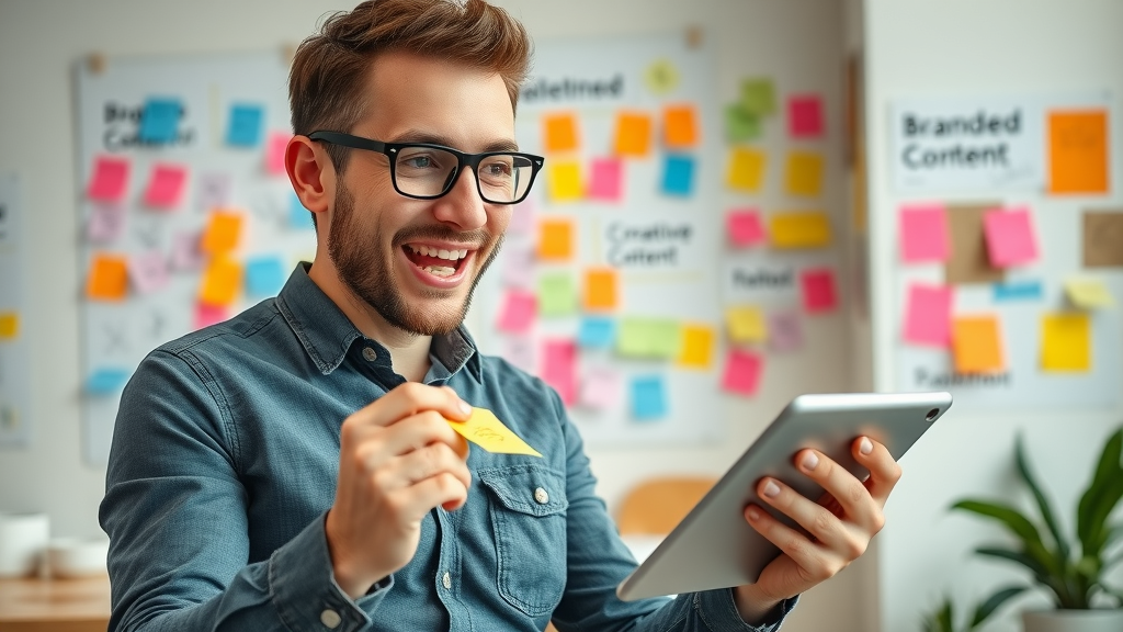 Creative marketer brainstorming and developing branded content marketing strategies for digital marketing success.