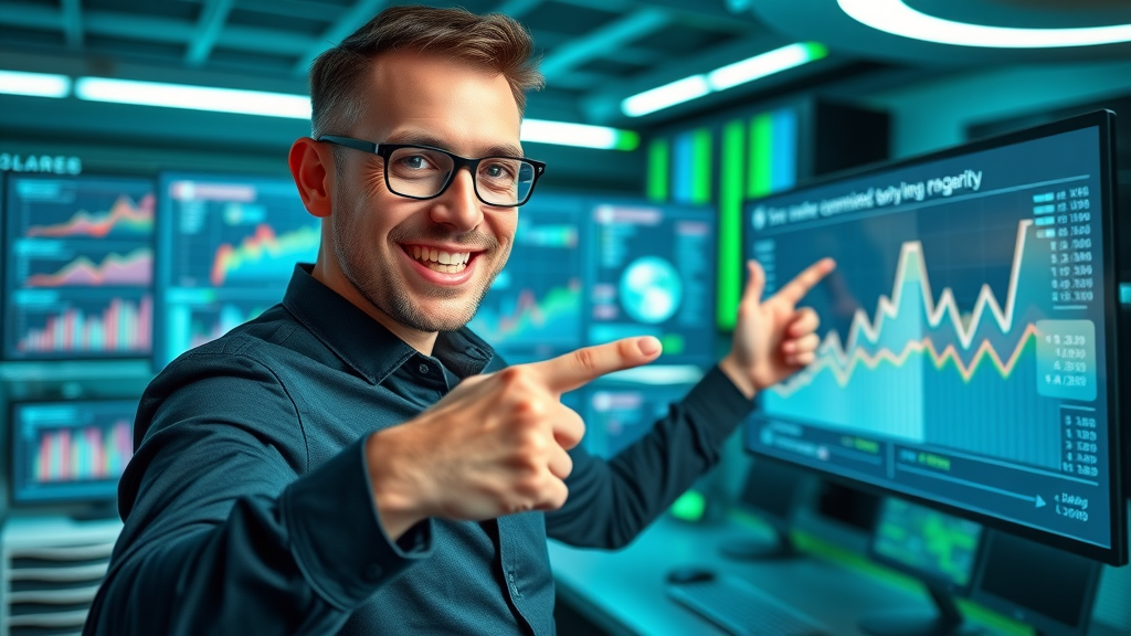 digital marketer enthusiastically presenting customer retargeting strategies with virtual graph in modern office
