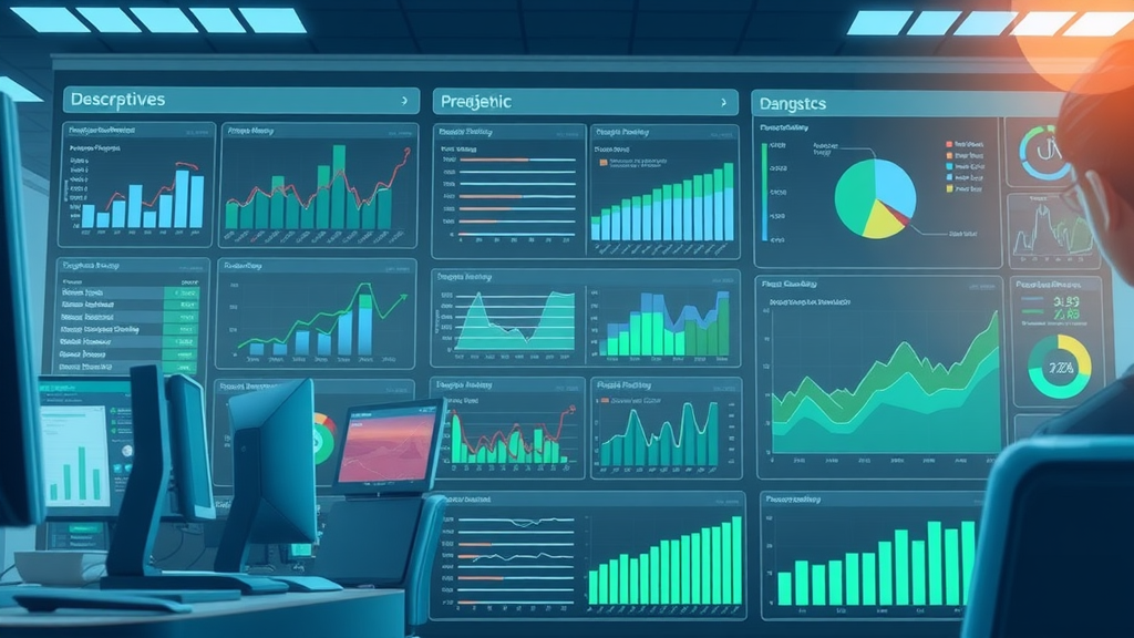 analytical dashboard with categorized descriptive, predictive, diagnostic, and prescriptive analytics charts