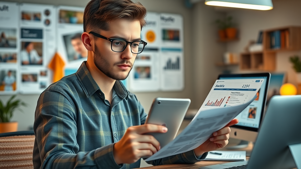 digital marketing analyst reviewing social media campaigns audit checklist at trendy workspace