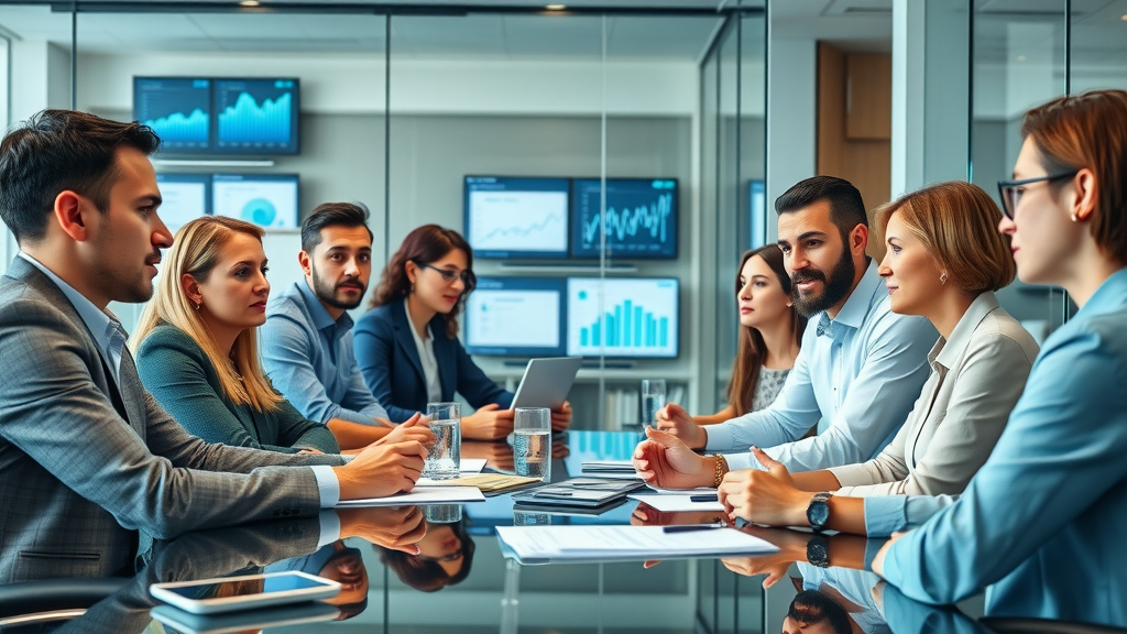 b2b lead generation corporate boardroom marketing experts collaborating with digital graphs