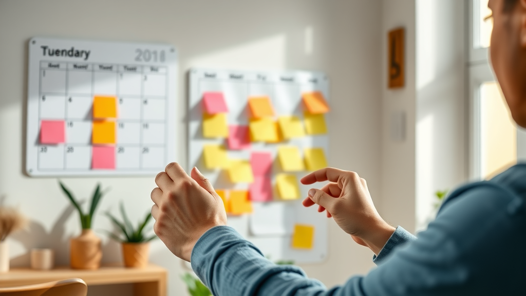 hands-on creation of content scheduling calendar with sticky notes and digital planner