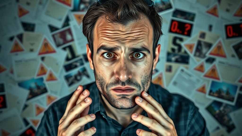 Perplexed marketer surrounded by digital video marketing errors on glitchy screens and mismatched frames