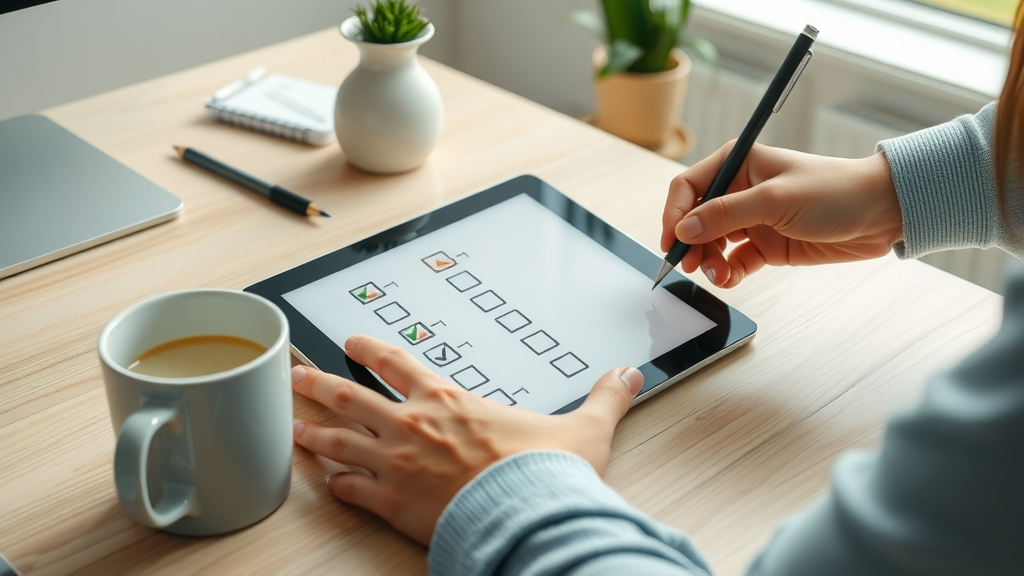 Checklist with digital devices for online reputation management, detailed, productive, hands ticking boxes