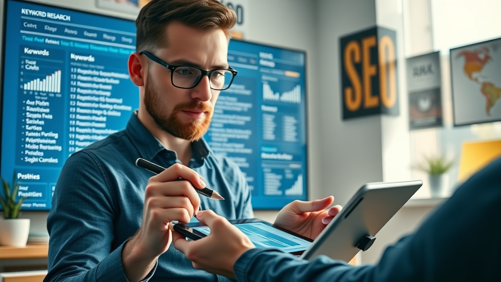 Keyword research interface on screen showing marketer analyzing SEO keywords