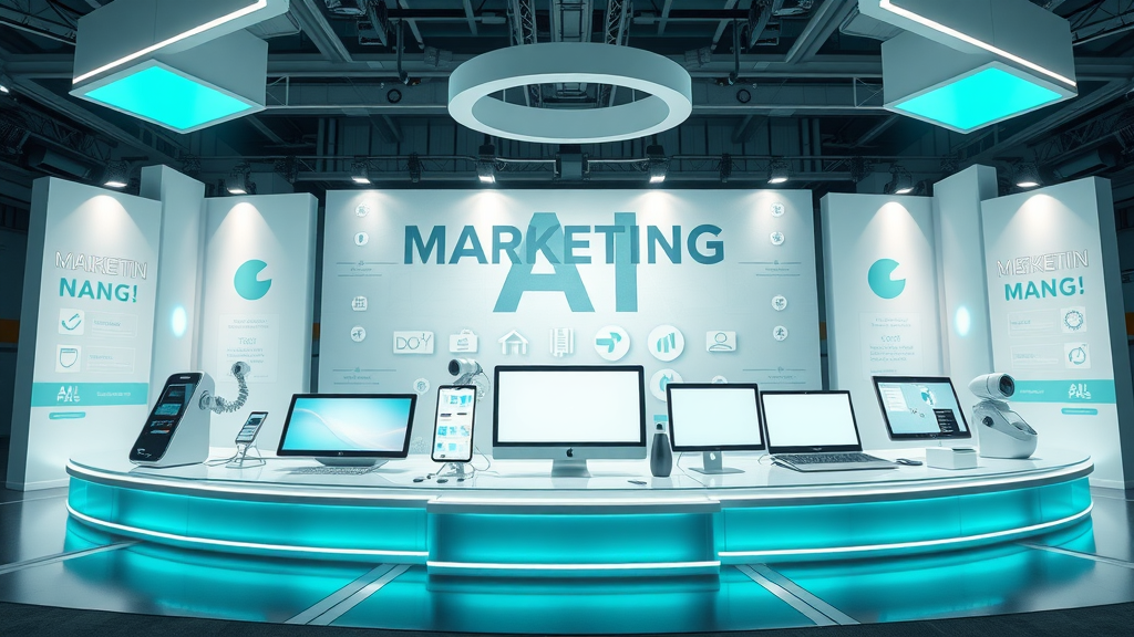 top AI marketing tools for content creation, analytics, and automation on futuristic digital expo stage
