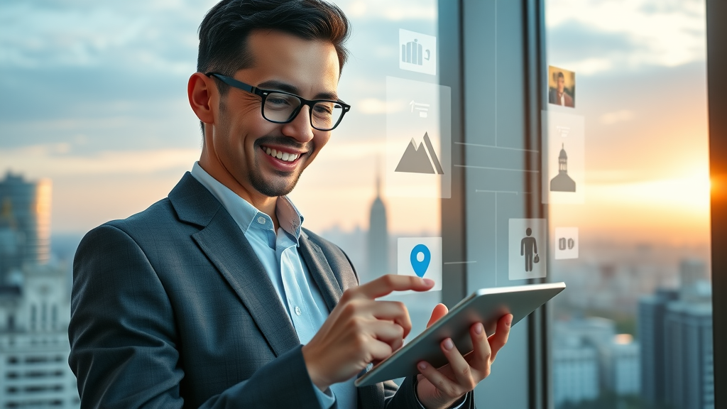 display advertising professional reviewing ad placements on a tablet with digital interface