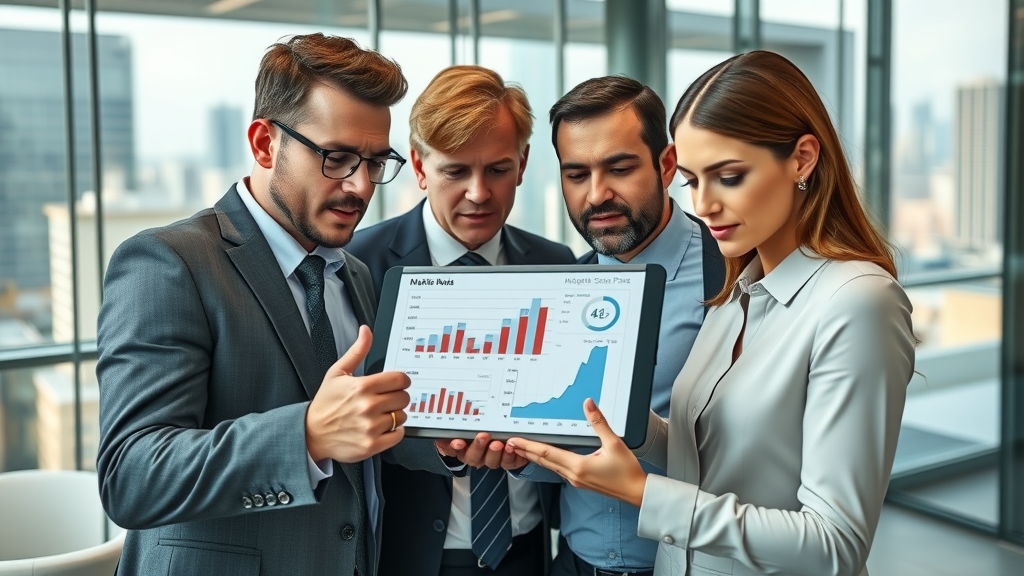 A professional business team collaborates around a digital tablet displaying market research graphs in a modern office, capturing the concept of market research.