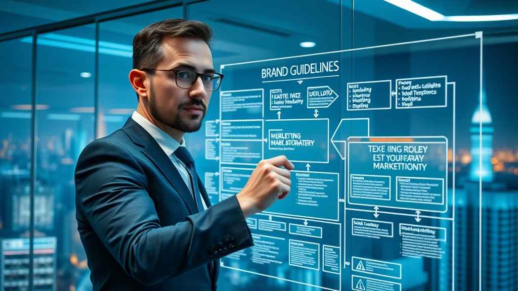 Marketing director plots brand strategy and guidelines on high-tech glass board – brand strategy and identity design