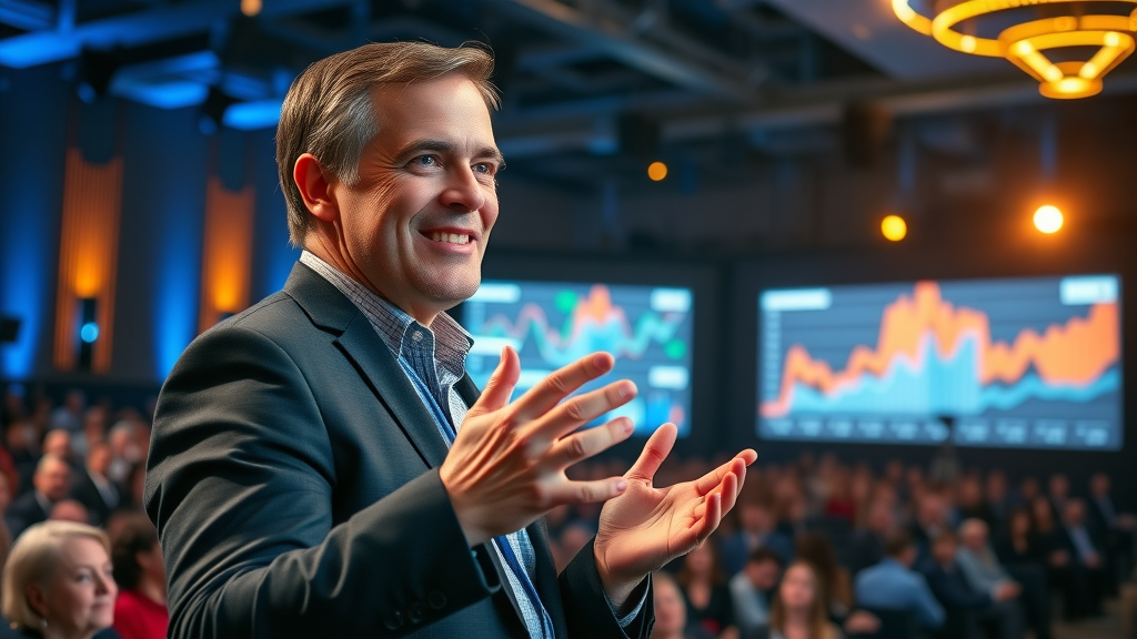 inspirational keynote speaker delivering insights on big data and digital marketing to engaged audience