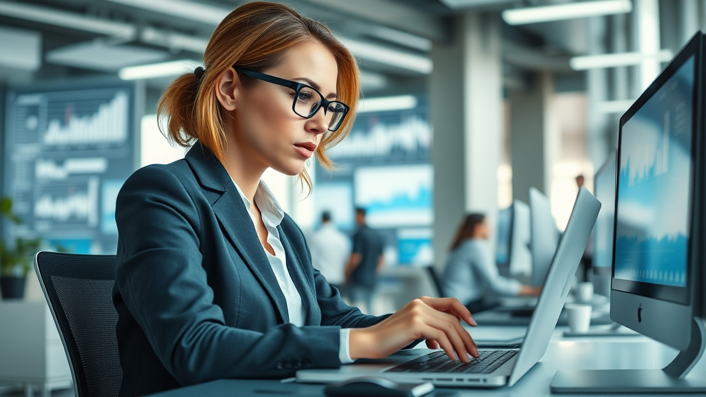 businesswoman analyzing customer retargeting strategies and data on laptop in digital marketing office