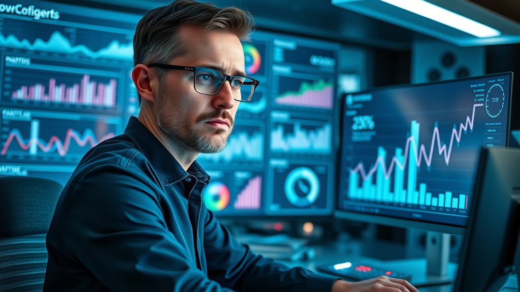 Advanced PPC analytics dashboard on dual screens with analyst monitoring pay-per-click performance metrics in a high-tech office.