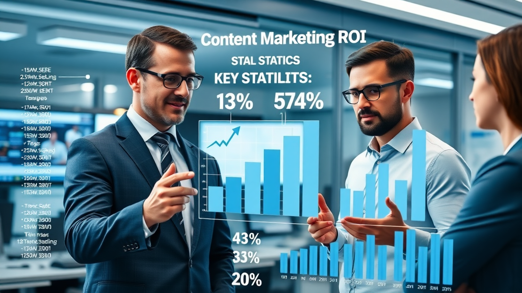content marketing ROI infographic in a modern tech office, business team analyzing results