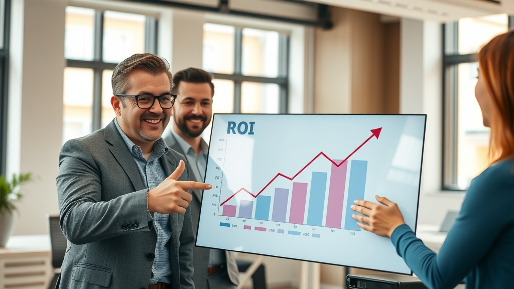 marketing automation campaign ROI analytics upward graph and satisfied executives