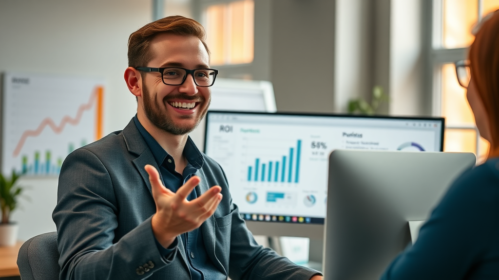 business analyst explaining ROI increases from sales funnel optimization on computer screen