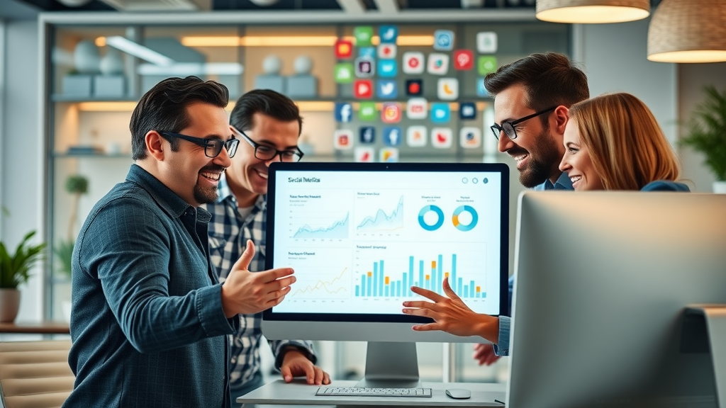 Vibrant social media dashboard, professionals analyzing metrics, joyful expressions, collaborating around a bright computer screen, modern office space, digital graphs and social media notification icons, social media content
