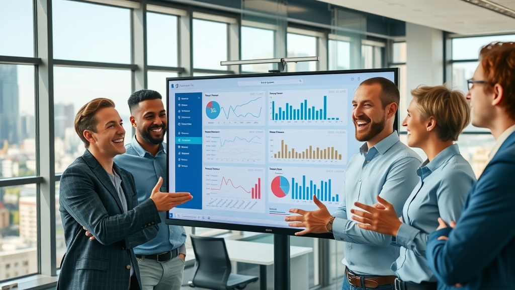 social media analytics dashboard in a modern office, marketing team reviewing animated graphs