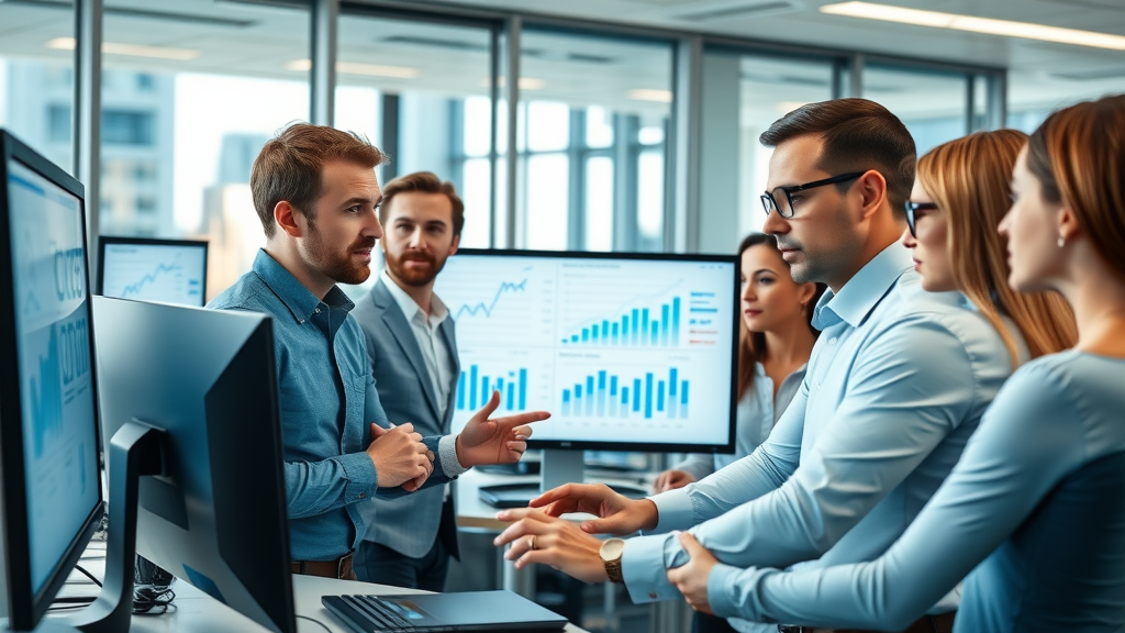 Professional B2B marketers collaborating on lead scoring techniques with digital charts and conversion data