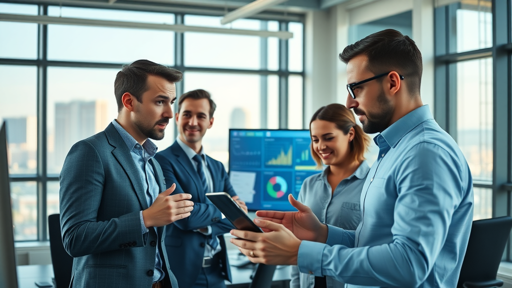 Digital marketing team analyzing data in a modern office with digital dashboards, collaborative focused atmosphere, cityscape view