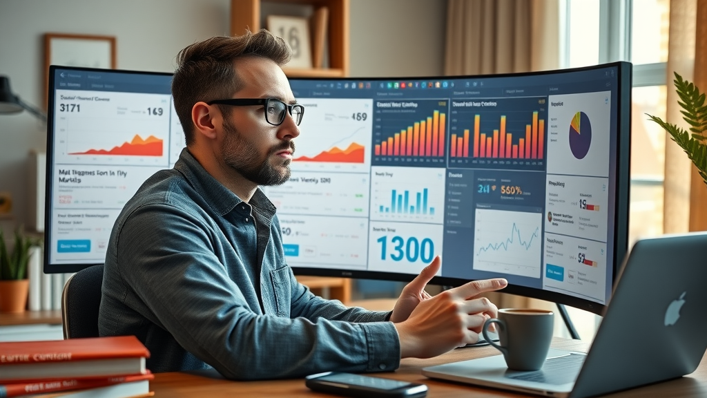 smart marketer analyzing multi-channel content metrics on a curved ultra-wide screen
