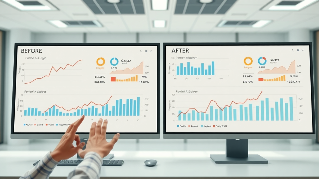 Business comparison sheets showing before and after marketing automation ROI, concise financial data visuals, marketing automation roi