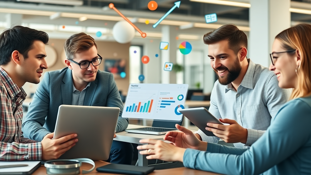 Enthusiastic digital marketers brainstorming user engagement strategies with social media, email marketing, and content marketing icons.