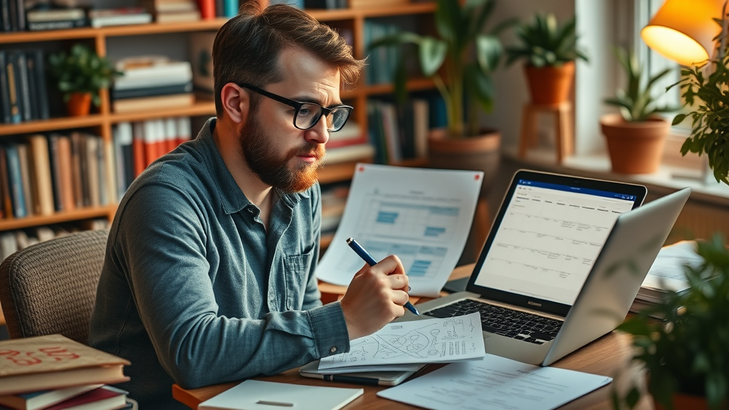 creative copywriter planning high-quality content to drive organic traffic, with digital content calendar and keyword maps in cozy, book-lined workspace