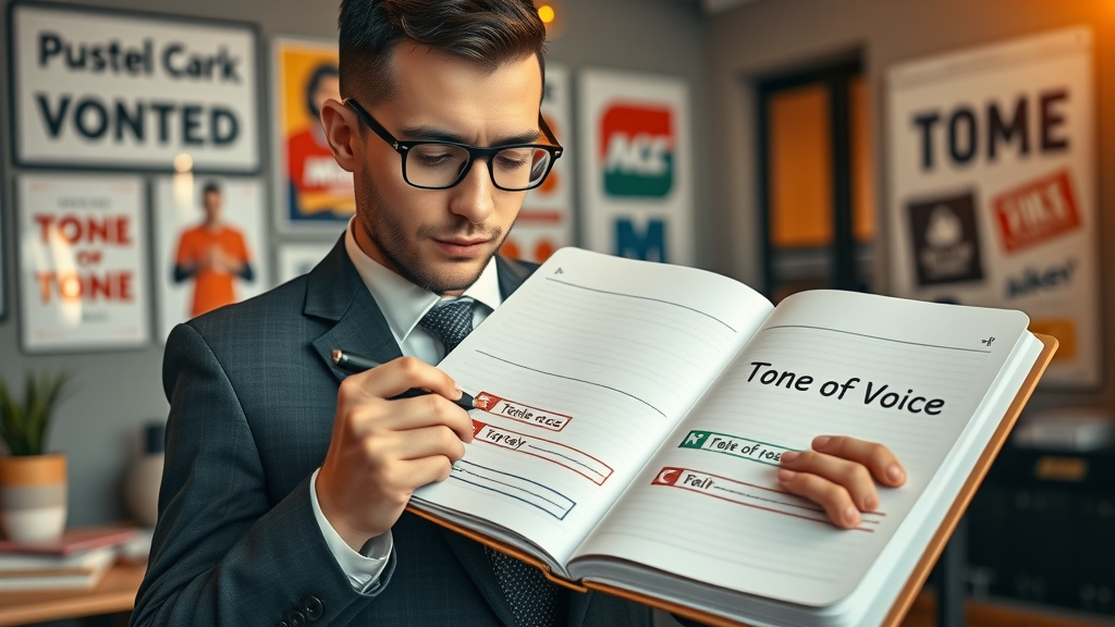 Brand voice guidelines professional documenting tone of voice variations in a creative workspace