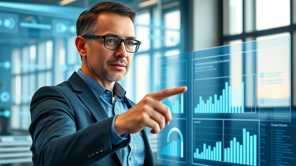 Modern CRM dashboard with engaged IT manager explaining integration graphics in a digital workspace
