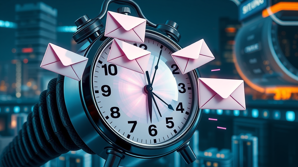 mail open rate precise clock with emails flying out signifying timing